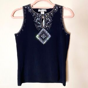 VINTAGE DRESSBARN Black Beaded Sequin High Neck Keyhole Tank Top